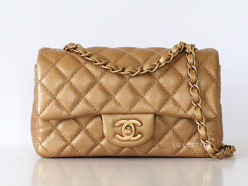 CHANEL Classic Mini Square Flap 15C Pearly Quilted Caviar Matte Gold Hardware