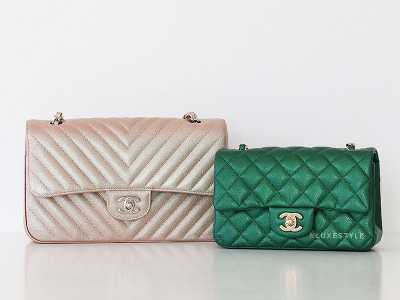 CHANEL Classic Medium 17B Rose Gold Chevron Caviar Silver Hardware & Classic Mini Rectangular Emerald Quilted Caviar Light Gold Hardware