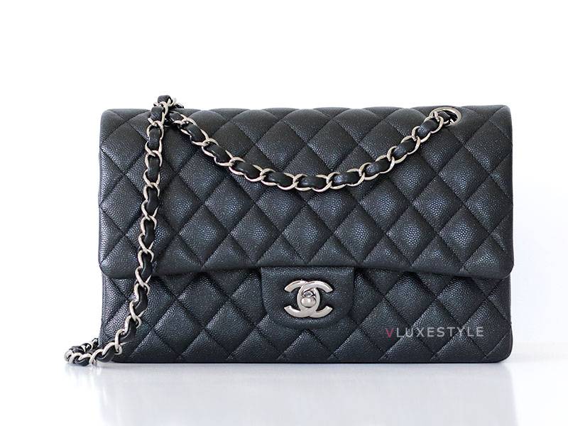 CHANEL Classic Medium Flap 18C Iridescent Black Quilted Caviar Gun Metal Hardware