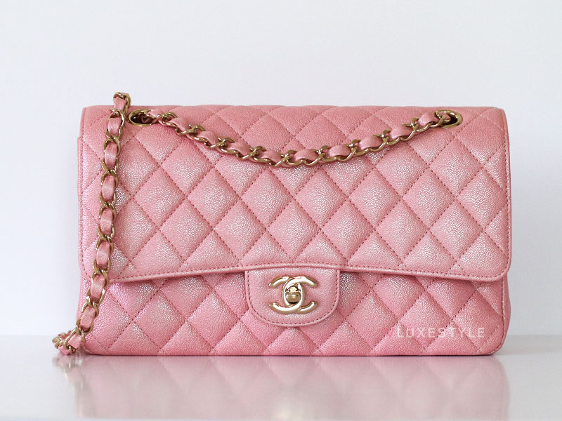 CHANEL Classic Medium Flap 19S Iridescent Pink Quilted Caviar Light Gold Hardware
