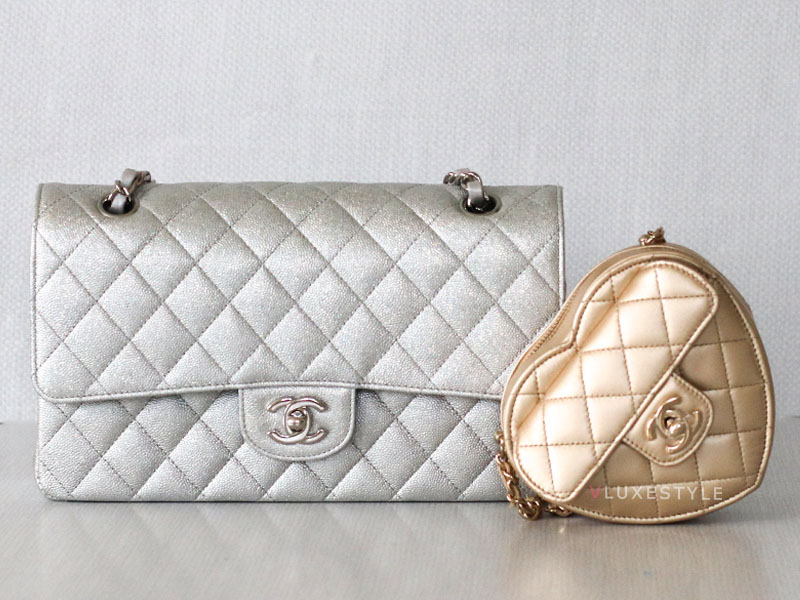 CHANEL Classic Medium 21K Silver Quilted Caviar Silver Hardware & 22S Metallic Gold Heart Bag Light Gold Hardware