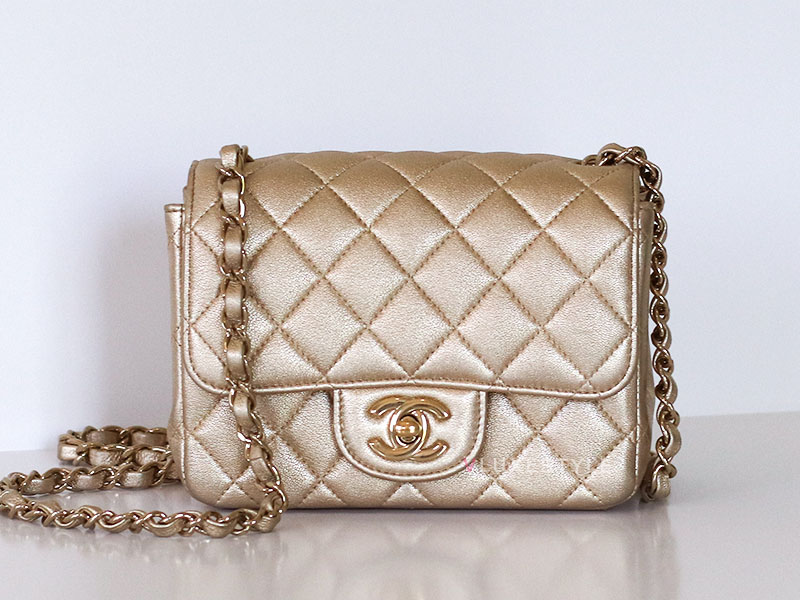 CHANEL Classic Mini Square Flap 21P Metallic Gold Quilted Lambskin Light Gold Hardware